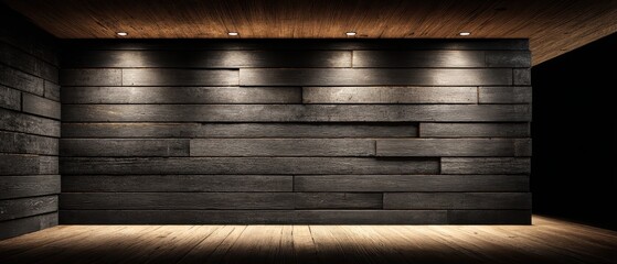 A modern interior with a dark wooden accent wall, illuminated by recessed ceiling lights, and a matching wooden floor for a cozy ambiance