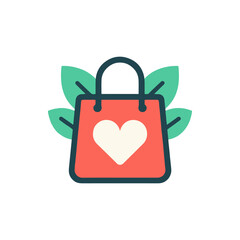 Colorful shopping bag with a heart design surrounded by green leaves, symbolizing eco-friendly shopping