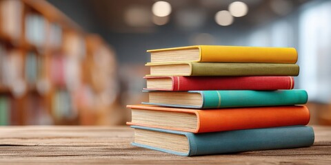 Diverse textbooks: Inspiring multicultural children's books stacked on wooden classroom desk
