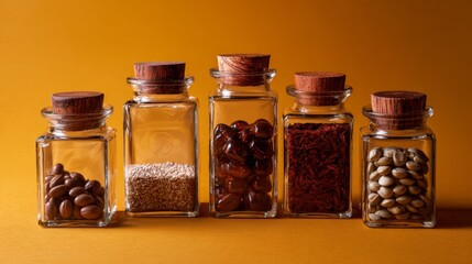 Row of spice jars with beans and seasoning on warm orange background for culinary food photography concept