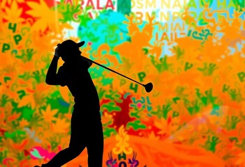 Dynamic silhouette of a golfer against a vibrant, abstract backdrop,  energy,  motion
