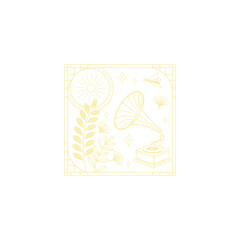 Gold art deco panel and border with ornament on white background