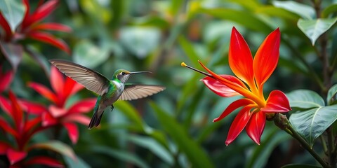 Emerald hummingbird hovering near vibrant heliconia flower in lush Costa Rican rainforest,  blur,  green