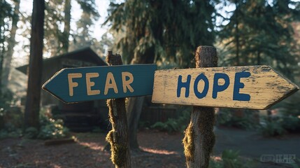 Navigating Choices: A rustic directional sign offers a poignant visual metaphor for life's pivotal moments, guiding viewers to contemplate choices between fear and hope.