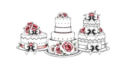 Fototapeta premium Hand-drawn vector sketch of trendy floral wedding & birthday cakes with bows Vintage style, isolated on white, graphic, flowers