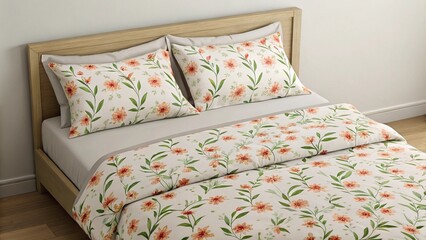 A cozy bed features a charming floral duvet cover and matching pillows in soft pastel shades, set against a light wooden headboard. This inviting overhead shot captures comfort