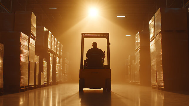 A silhouette driving a forklift in a glowing warehouse aisle. The industrial setting emphasizes logistics and storage with stacks of wrapped goods.