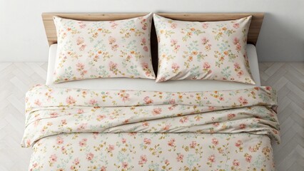 Top-down view of a beautifully made bed adorned with a white duvet and pillowcases featuring a delicate pattern of small pink and green flowers. Ideal for showcasing romantic bedroom themes