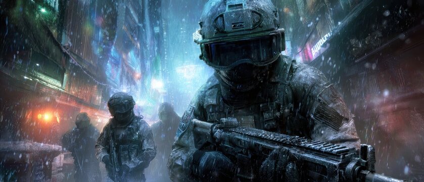 Armed soldiers in futuristic gear patrol a snowy, neon-lit urban street at night, ready for action in harsh conditions