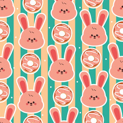 cute seamless pattern cartoon bunny with doughnut. cute animal and dessert pattern with yellow and blue stripe background