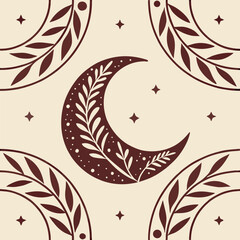 Elegant celestial design featuring crescent moon leaves and star elements in earthy tones