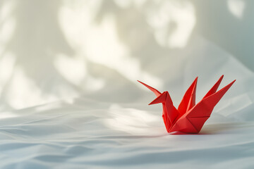 Red Origami Paper Crane on White Background – Traditional Japanese Art, Minimal Handmade Bird Figure, Peace and Zen Concept