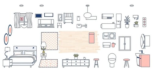 Top-down vector icons of living room, bedroom, kitchen, bathroom furniture & fixtures for floor plans,  flat lay,   architectural