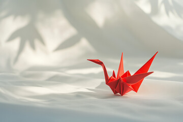 Red Origami Paper Crane on White Background – Traditional Japanese Art, Minimal Handmade Bird Figure, Peace and Zen Concept