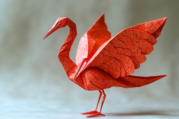 Red Origami Paper Crane on White Background – Traditional Japanese Art, Minimal Handmade Bird Figure, Peace and Zen Concept