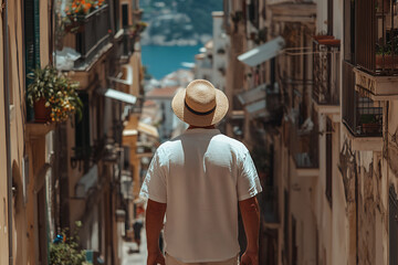 Obraz premium Person Walking Through European Town: A person with a hat is walking down a narrow street in a European town towards a scenic view of the sea in the distance.
