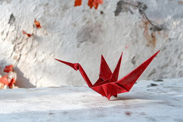 Red Origami Paper Crane on White Background – Traditional Japanese Art, Minimal Handmade Bird Figure, Peace and Zen Concept