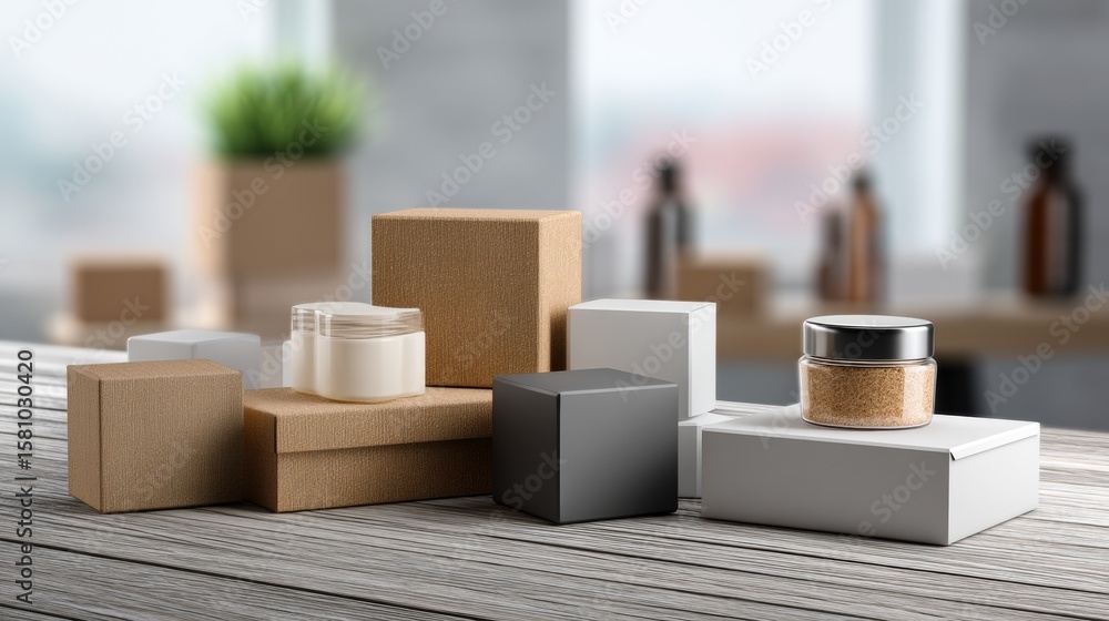 Poster assorted product packaging boxes on table with blurry background for branding ecommerce delivery bus