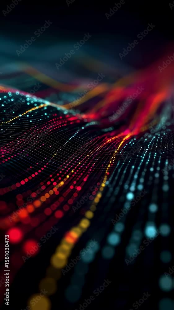 Poster luminous digital particles generating vibrant, undulating waves, streaming dynamically across shadow