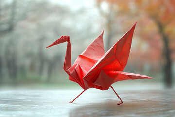 Red Origami Paper Crane on White Background – Traditional Japanese Art, Minimal Handmade Bird Figure, Peace and Zen Concept