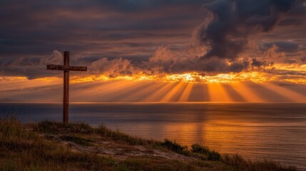 A wooden cross stands on a grassy hill overlooking a dramatic sunset with golden rays streaming through the clouds above the ocean