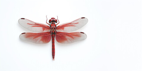 Red Dragonfly on White Background – Insect with Transparent Wings, Macro Nature Detail, Minimal Aesthetic Composition