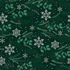 Lovely hand drawn Christmas seamless pattern, cute greenery, snowflakes and berries, great for textiles, wrapping, banners, wallpapers - vector design