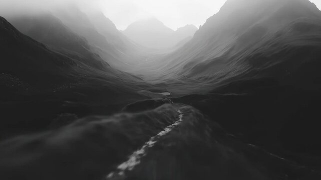 Misty mountain landscape with winding path in black and white