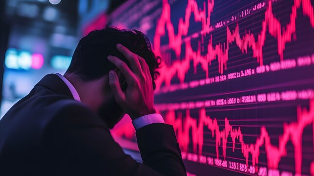 An anxious investor gripping their head in despair while observing a dramatically falling cryptocurrency chart, showcasing market volatility.