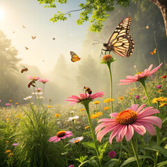 Monarch butterfly and bee on colorful coneflower meadow in warm sunlight