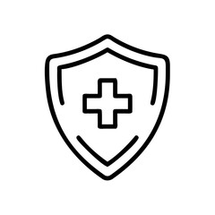 Obraz premium Minimalist black outline vector icon of a cross inside a shield, symbolizing health insurance, medical protection, and healthcare safety