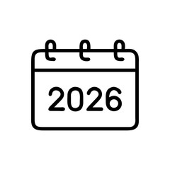 Minimalist black outline vector icon of a weekly planner with "2026", symbolizing structured scheduling, time management, and organization