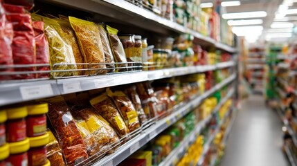 Supermarket food aisle with packaged goods and bright lighting for retail commerce background photography concept