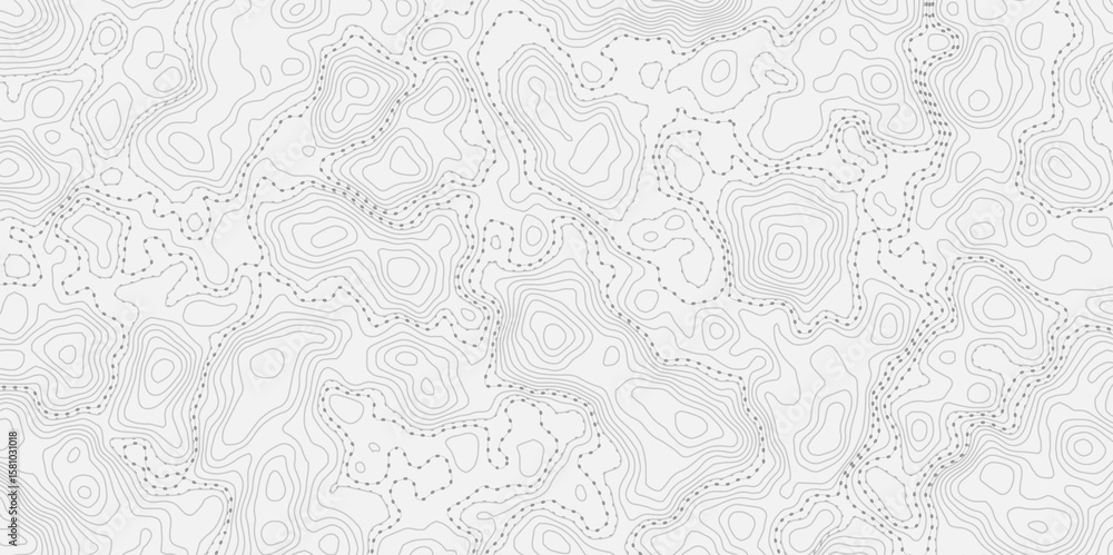 Poster topographic map with contour lines and dotted paths on a white textured background.