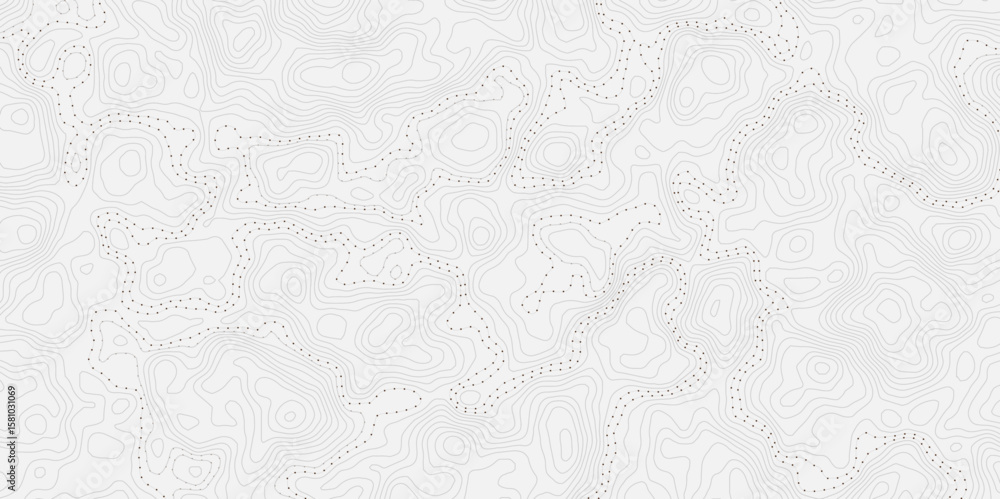 Poster topographic map with contour lines and dotted paths on a white textured background.