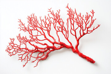 Bright Red Coral Branch on White Background – Marine Sea Plant, Underwater Natural Structure, Ocean Reef Decoration