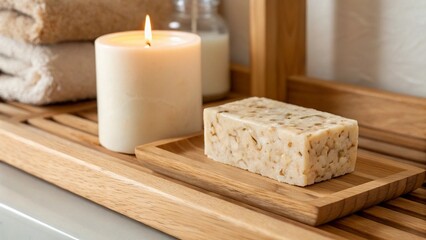 A serene spa setting featuring a natural, textured soap bar on a wooden tray, accompanied by a glowing candle and soft towels on a rustic wooden shelf. This image evokes relaxation, self-care