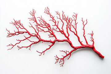 Bright Red Coral Branch on White Background – Marine Sea Plant, Underwater Natural Structure, Ocean Reef Decoration