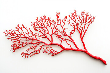 Bright Red Coral Branch on White Background – Marine Sea Plant, Underwater Natural Structure, Ocean Reef Decoration
