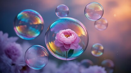 Naklejka premium Pink flower encased in iridescent bubble reflection