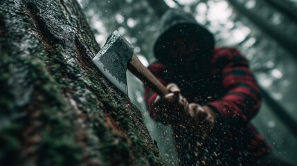 Lumberjack's Labor: A burly lumberjack, with an unseen face, swings an axe into the trunk of a towering tree in a misty woodland setting, epitomizing the strength and labor of the logging profession.
