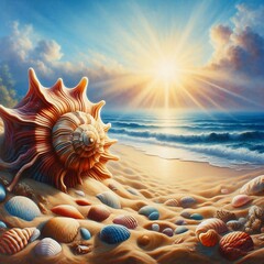 A Striking Seashell Amongst a Variety of Shells, Set Against a Beautiful Ocean Horizon and Morning Light