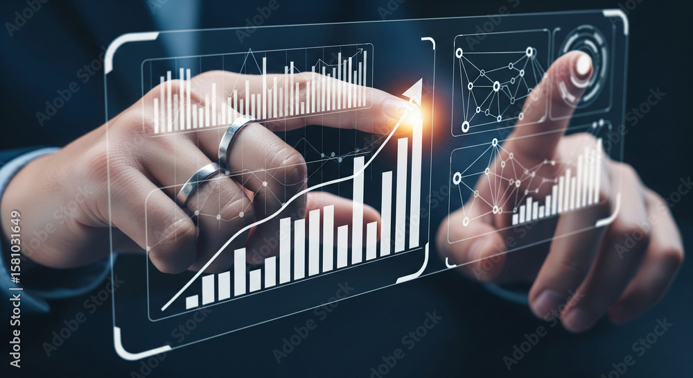 Poster hands interact with a transparent screen displaying upward trending bar graphs and network diagrams,