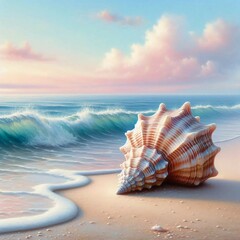 A Beautifully Striped Seashell Gracefully Resting on a Sandy Shoreline with Gentle Waves Lapping at Its Base 