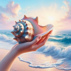 A Delicate Hand Holding a Vibrant Seashell Against a Serene Ocean Backdrop and Soft Sunset Glow