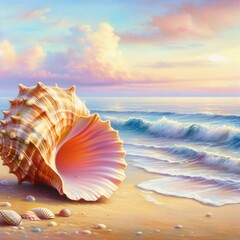 A Striking Seashell Displaying Its Vibrant Interior Sitting on a Sandy Beach with Gentle Ocean Waves and a Soft Sunset Sky