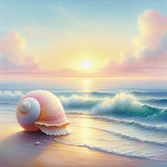 A Softly Colored Seashell Nestled on a Tranquil Beach as the Sun Rises Over the Calm Ocean Waves