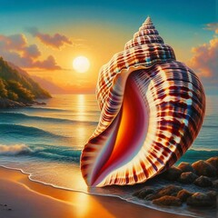 A Magnificent Seashell Showcasing Its Vibrant Patterns Resting on a Rocky Shoreline as the Sun Sets Over the Ocean