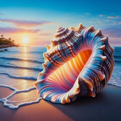 A stunning shell on a background of tranquil beach and vibrant sunset.  