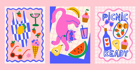 Summer beach picnic vector posters set. Bright print designs with cat, food, drink, fruits, swimsuit flatlay illustrations